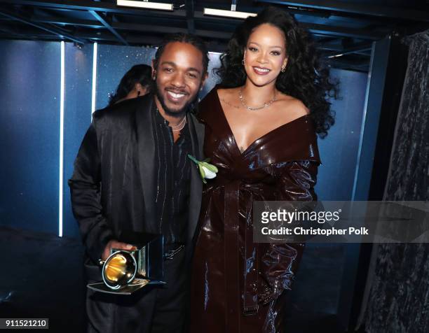 Recording artists Kendrick Lamar and Rihanna, winners of Best Rap/Sung Performance for 'LOYALTY.' pose during the 60th Annual GRAMMY Awards at...