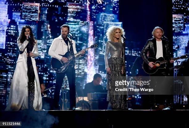 Recording artists Karen Fairchild, Jimi Westbrook, Kimberly Schlapman, and Philip Sweet of musical group Little Big Town perform onstage during the...