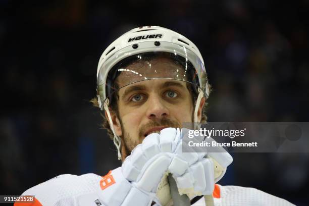 Anze Kopitar of the Los Angeles Kings watches the closing presentations after the 2018 Honda NHL All-Star Game between the Atlantic Division and the...