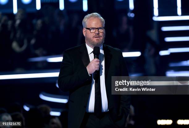 Comedian Jim Gaffigan speaks onstage during the 60th Annual GRAMMY Awards at Madison Square Garden on January 28, 2018 in New York City.