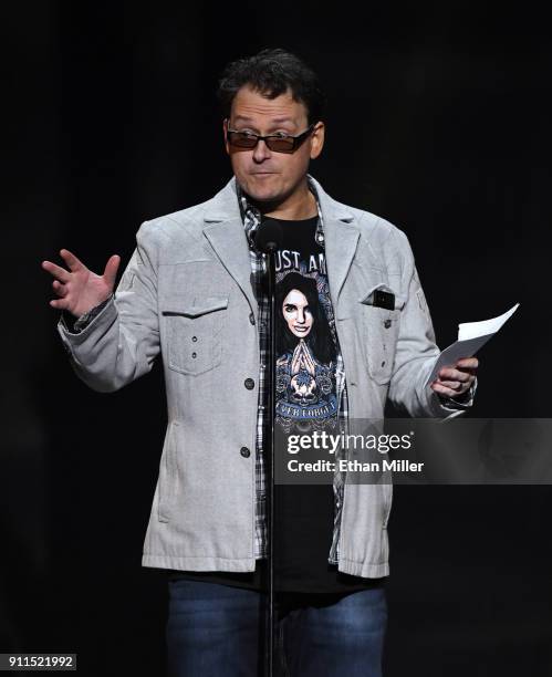 Adult film director/producer Kevin Moore speaks about his late wife, adult film actress August Ames, during the 2018 Adult Video News Awards at The...