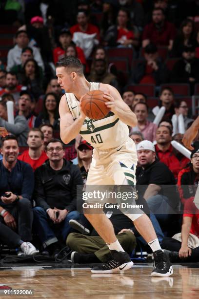 Marshall Plumlee of the Milwaukee Bucks handles the ball against the Chicago Bulls on January 28, 2018 at the United Center in Chicago, Illinois....