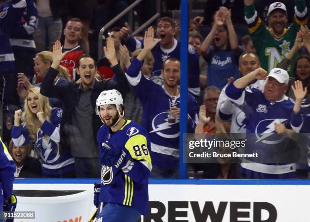 Nikita Kucherov of the Tampa Bay Lightning celebrates a goal during the 2018 Honda NHL All-Star Game between the Atlantic Division and the...