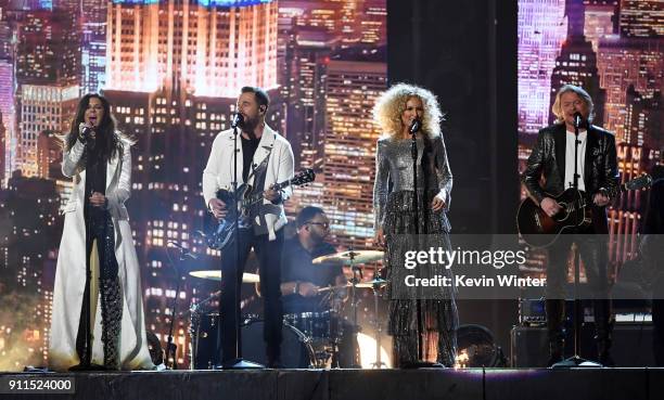 Recording artists Karen Fairchild, Jimi Westbrook, Kimberly Schlapman, and Philip Sweet of music group Little Big Town perform onstage during the...