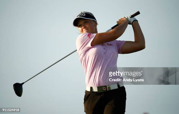 Brooke Henderson of Canada hits her tee shot on the 16th hole during the final round of the Pure Silk Bahamas LPGA Classic at the Ocean Golf Course...