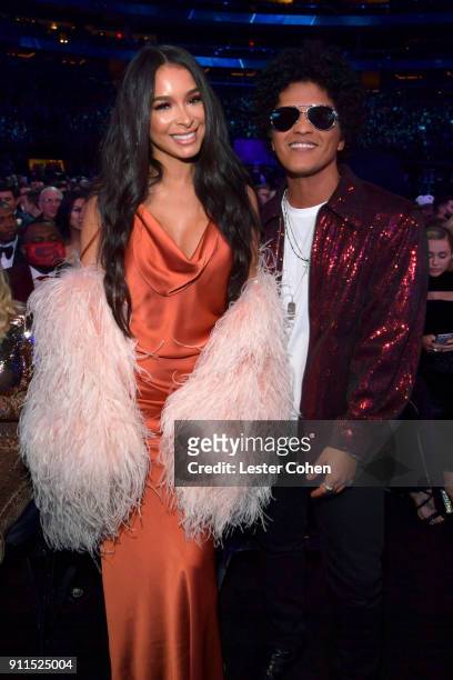 Model Jessica Caban and recording artist Bruno Mars attend the 60th Annual GRAMMY Awards at Madison Square Garden on January 28, 2018 in New York...