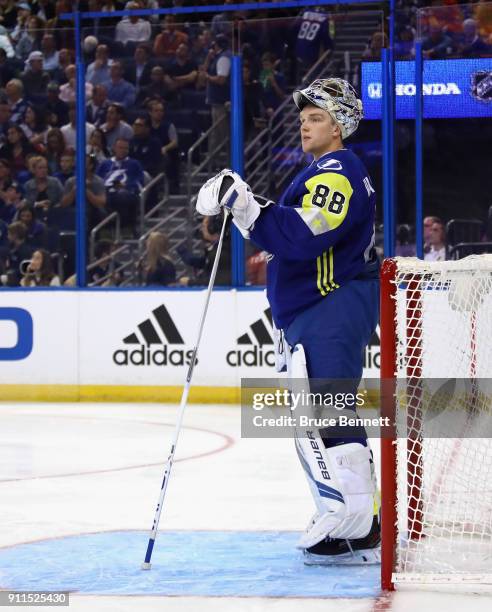 Andrei Vasilevskiy of the Tampa Bay Lightning pauses during the 2018 Honda NHL All-Star Game between the Atlantic Division and the Metropolitan...