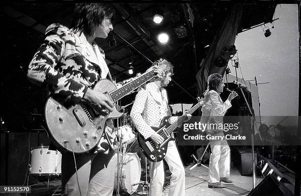 Photo of FACES and Rod STEWART and Ronnie LANE and Ron WOOD and Ronnie WOOD, L-R: Ron Wood , Ronnie Lane, Rod Stewart - performing live onstage