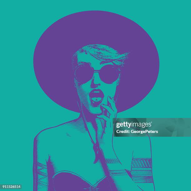 illustrations, cliparts, dessins animés et icônes de illustration art ultra violet ligne d’une jeune femme à la mode avec une expression de surprise - pin up vintage