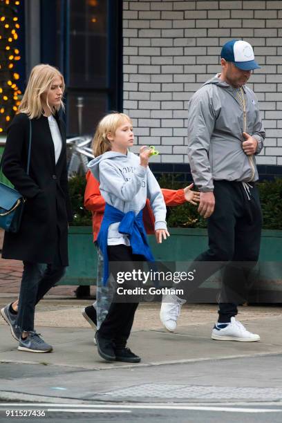 Liev Schreiber seen walking his children Samuel Schreiber and Alexander Schreiber with Taylor Neisen in East Village on January 28, 2018 in New York...