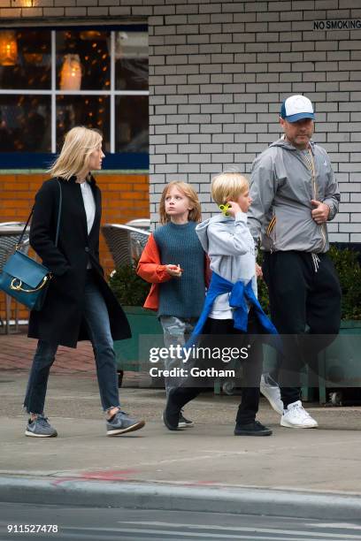 Liev Schreiber seen walking his children Samuel Schreiber and Alexander Schreiber with Taylor Neisen in East Village on January 28, 2018 in New York...