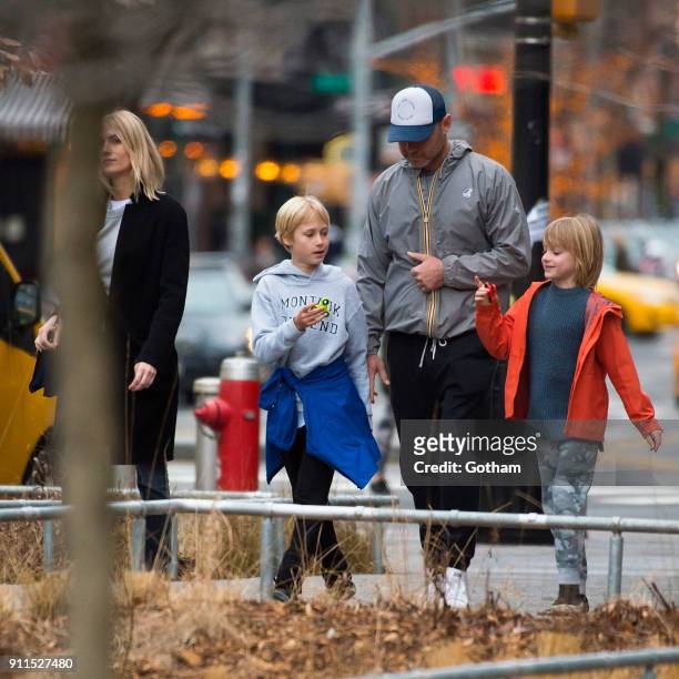 Liev Schreiber seen walking his children Samuel Schreiber and Alexander Schreiber with Taylor Neisen in East Village on January 28, 2018 in New York...
