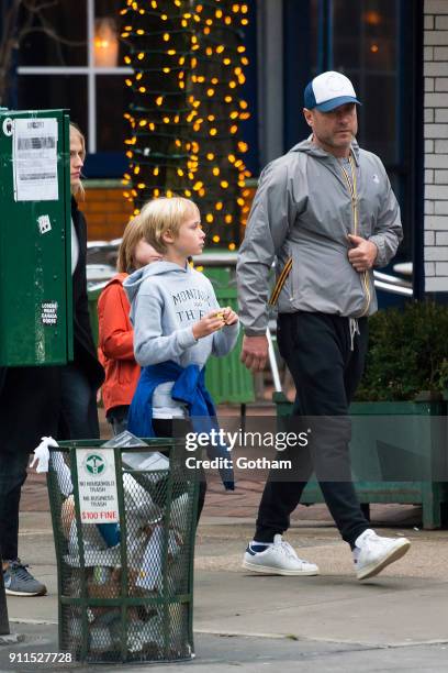 Liev Schreiber seen walking his children Samuel Schreiber and Alexander Schreiber with Taylor Neisen in East Village on January 28, 2018 in New York...