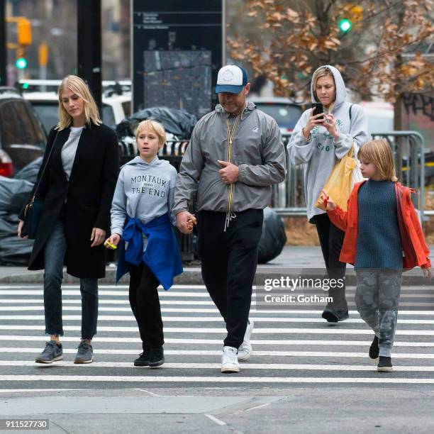 Liev Schreiber seen walking his children Samuel Schreiber and Alexander Schreiber with Taylor Neisen in East Village on January 28, 2018 in New York...