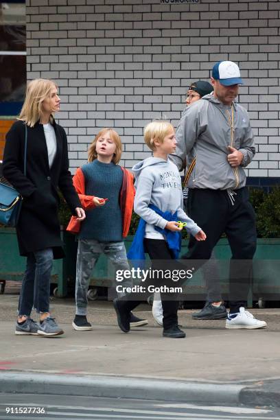 Liev Schreiber seen walking his children Samuel Schreiber and Alexander Schreiber with Taylor Neisen in East Village on January 28, 2018 in New York...