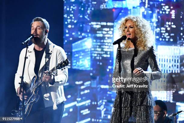 Recording artists Jimi Westbrook and Kimberly Schlapman of musical group Little Big Town perform onstage during the 60th Annual GRAMMY Awards at...