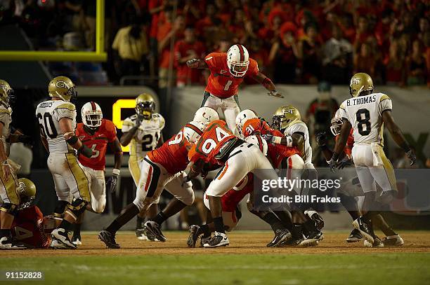 Miami Brandon Harris in action, over the top vs Georgia Tech. Miami, FL 9/17/2009 CREDIT: Bill Frakes