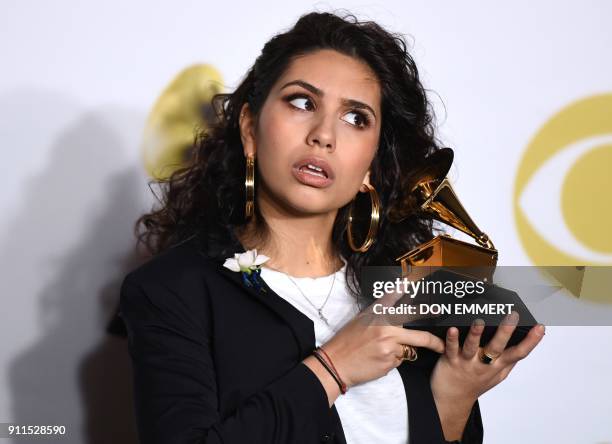 Canadian singer and songwriter Alessia Cara, winner of the Best New Artist award poses in the press room during the 60th Annual Grammy Awards on...