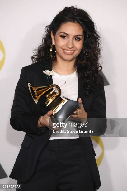 Recording artist Alessia Cara, winner of Best New Artist poses in the press room during the 60th Annual GRAMMY Awards at Madison Square Garden on...