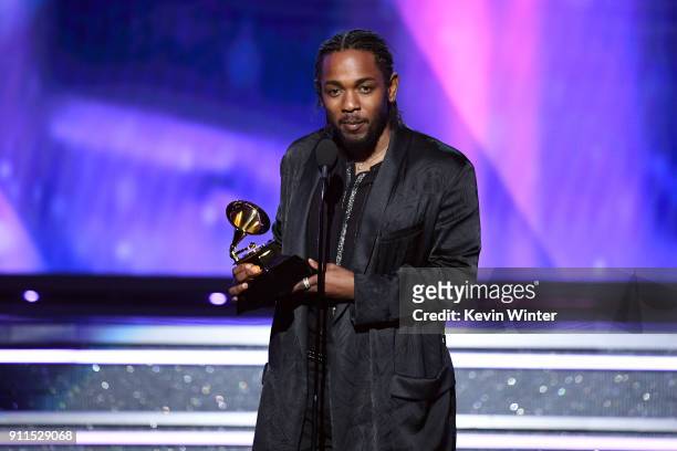 Recording artist Kendrick Lamar accepts Best Rap Album for 'DAMN.' onstage during the 60th Annual GRAMMY Awards at Madison Square Garden on January...