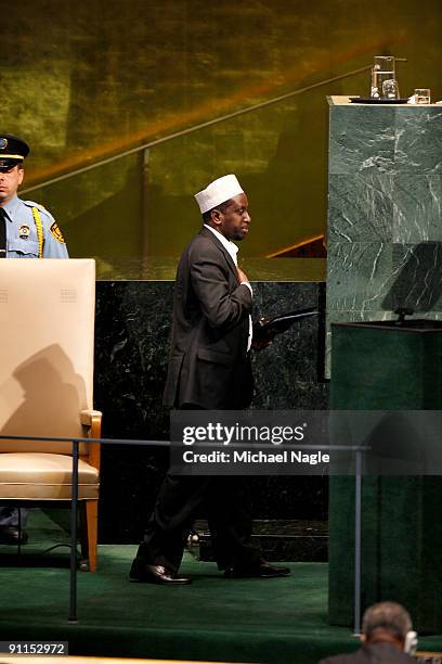 President of Somalia Sheikh Sharif Sheikh Ahmed walks to address the United Nations General Assembly at the UN headquarters on September 25, 2009 in...