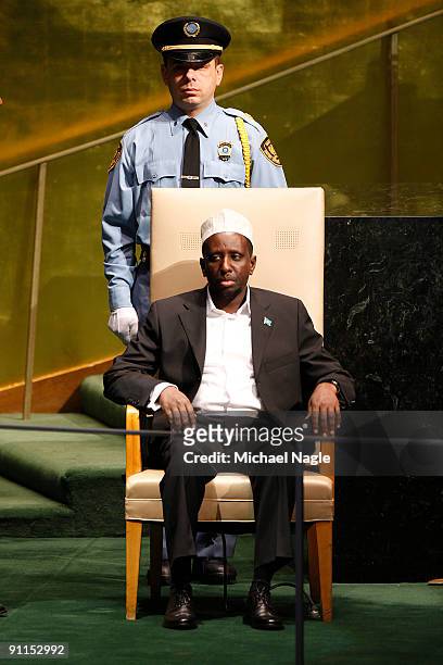 President of Somalia Sheikh Sharif Sheikh Ahmed waits to address the United Nations General Assembly at the UN headquarters on September 25, 2009 in...