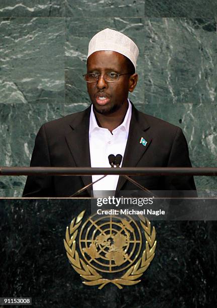 President of Somalia Sheikh Sharif Sheikh Ahmed addresses the United Nations General Assembly at the UN headquarters on September 25, 2009 in New...