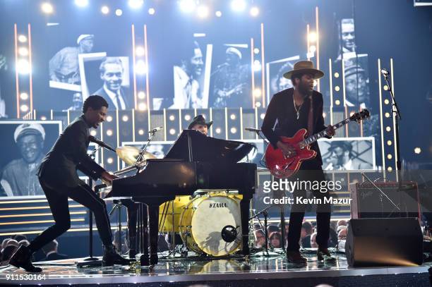 Recording artists Jon Batiste and Gary Clark Jr. Perform onstage during the 60th Annual GRAMMY Awards at Madison Square Garden on January 28, 2018 in...