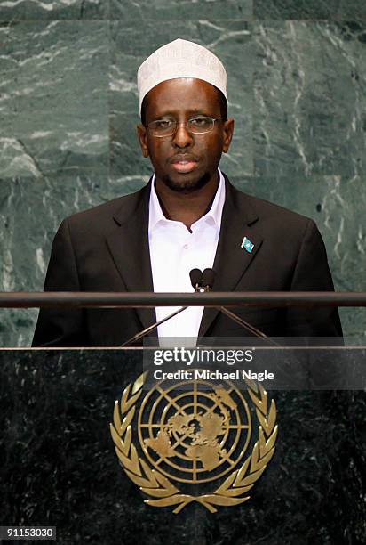 President of Somalia Sheikh Sharif Sheikh Ahmed addresses the United Nations General Assembly at the UN headquarters on September 25, 2009 in New...