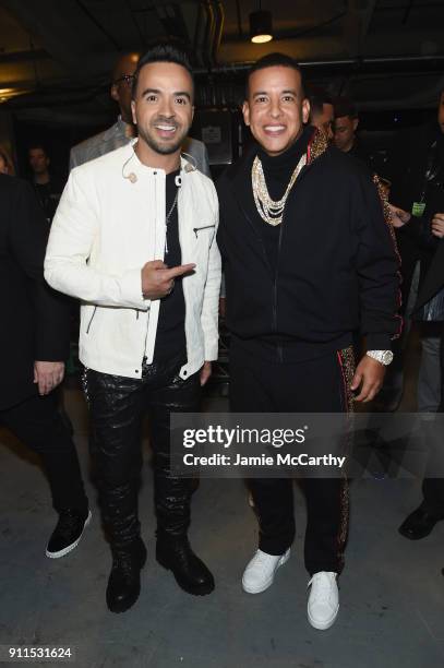 Recording artists Luis Fonsi and Daddy Yankee pose backstage at the 60th Annual GRAMMY Awards at Madison Square Garden on January 28, 2018 in New...