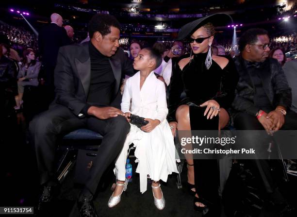 Jay-Z, Blue Ivy and Beyonce attend the 60th Annual GRAMMY Awards at Madison Square Garden on January 28, 2018 in New York City.