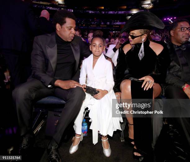 Jay-Z, Blue Ivy and Beyonce attend the 60th Annual GRAMMY Awards at Madison Square Garden on January 28, 2018 in New York City.