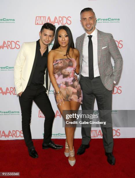 Adult film actor Liam Riley, adult film actress/director Asa Akira and adult film actor/director Kieran Lee attend the 2018 Adult Video News Awards...