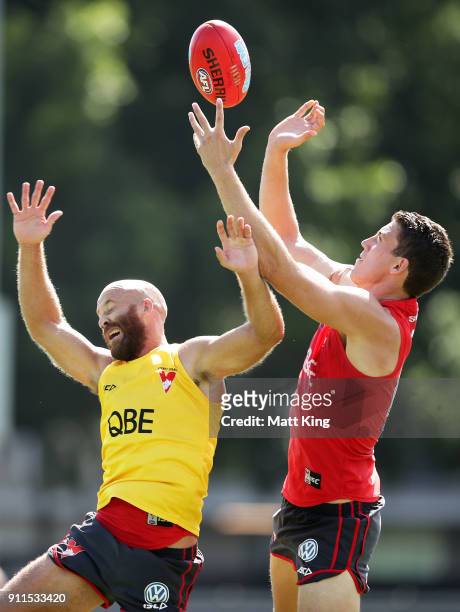 Darcy Cameron of the Swans is challenged by Jarrad McVeigh of the Swans during the Sydney Swans AFL pre-season training session at Lakeside Oval on...