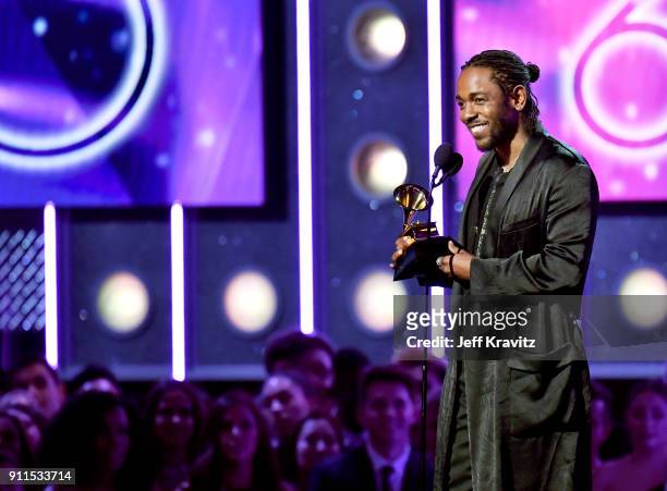 Recording artist Kendrick Lamar accepts award for Best Rap Album onstage during the 60th Annual GRAMMY Awards at Madison Square Garden on January 28,...