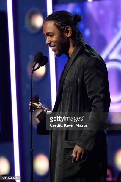 Recording artist Kendrick Lamar accepts the award for Best Rap Album during the 60th Annual GRAMMY Awards at Madison Square Garden on January 28,...