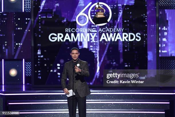 Personality Trevor Noah speaks onstage during the 60th Annual GRAMMY Awards at Madison Square Garden on January 28, 2018 in New York City.