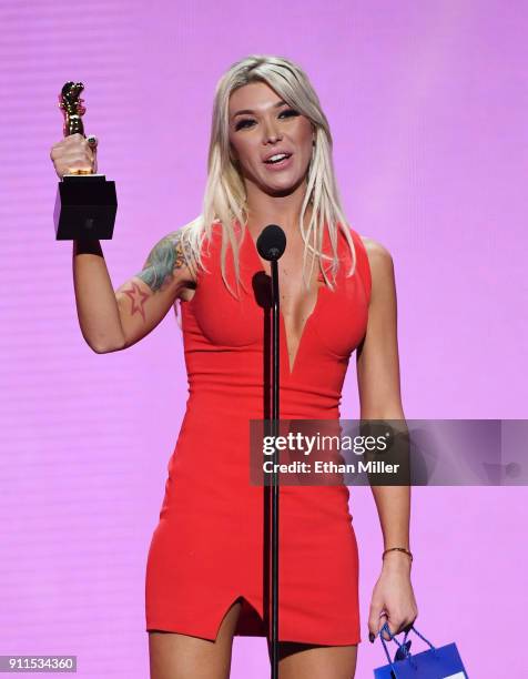 Adult film actress Aubrey Kate accepts the award for Transsexual Performer of the Year during the 2018 Adult Video News Awards at The Joint inside...