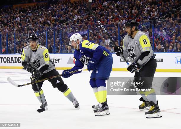 Sidney Crosby of the Pittsburgh Penguins, Steven Stamkos of the Tampa Bay Lightning, and Alexander Ovechkin of the Washington Capitals look for a...