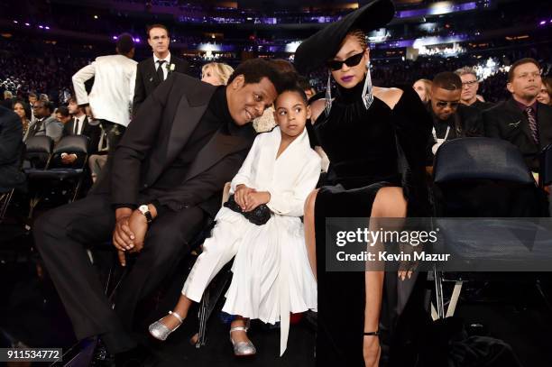 Recording artist Jay Z, daughter Blue Ivy Carter and recording artist Beyonce attend the 60th Annual GRAMMY Awards at Madison Square Garden on...