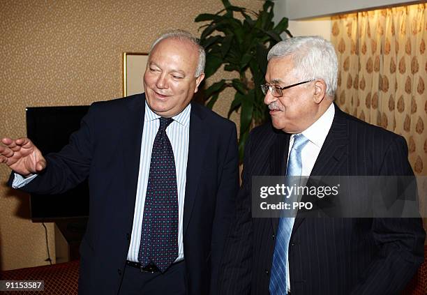 In this handout image provided by the Palestinian Press Office , Mr. President Mahmoud Abbas meets with Spanish Foreign Minister Miguel Angel...