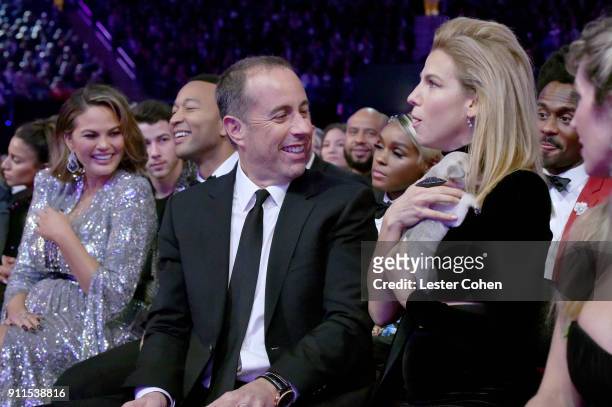Model Chrissy Teigen, recording artist John Legend, comedian Jerry Seinfeld and philanthropist Jessica Seinfeld attend the 60th Annual GRAMMY Awards...