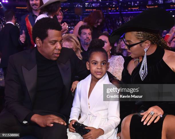Recording artist Jay Z, daughter Blue Ivy Carter and recording artist Beyonce attend the 60th Annual GRAMMY Awards at Madison Square Garden on...