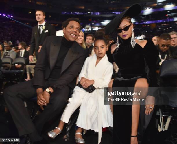 Recording artist Jay Z, daughter Blue Ivy Carter and recording artist Beyonce attend the 60th Annual GRAMMY Awards at Madison Square Garden on...