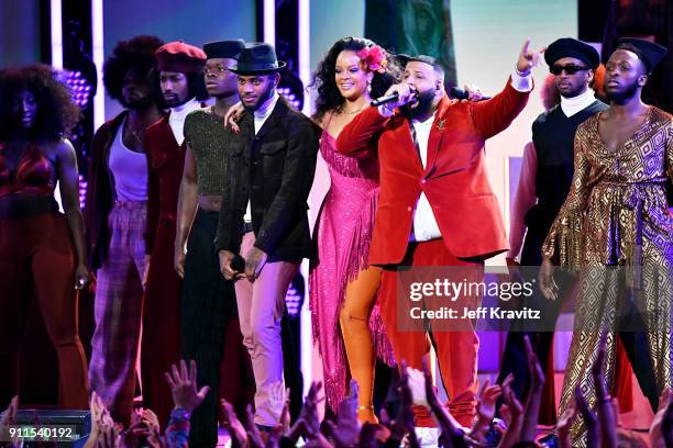 Recording artists Bryson Tiller, Rihanna and DJ Khaled perform onstage during the 60th Annual GRAMMY Awards at Madison Square Garden on January 28,...