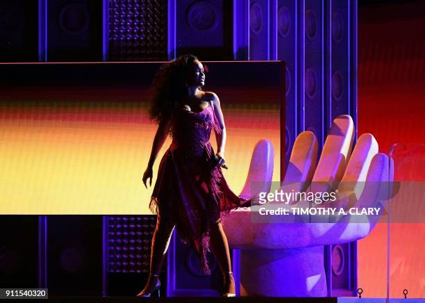 Rihanna performs during the 60th Annual Grammy Awards show on January 28 in New York. / AFP PHOTO / Timothy A. CLARY