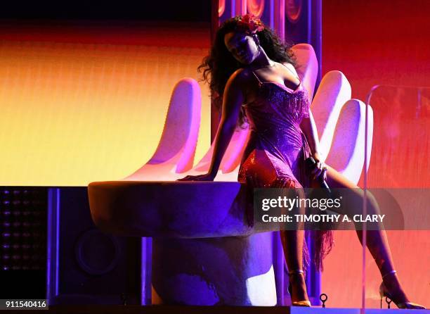 Rihanna performs during the 60th Annual Grammy Awards show on January 28 in New York.