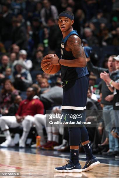 Marcus Georges-Hunt of the Minnesota Timberwolves handles the ball against the Cleveland Cavaliers on January 8, 2018 at Target Center in...