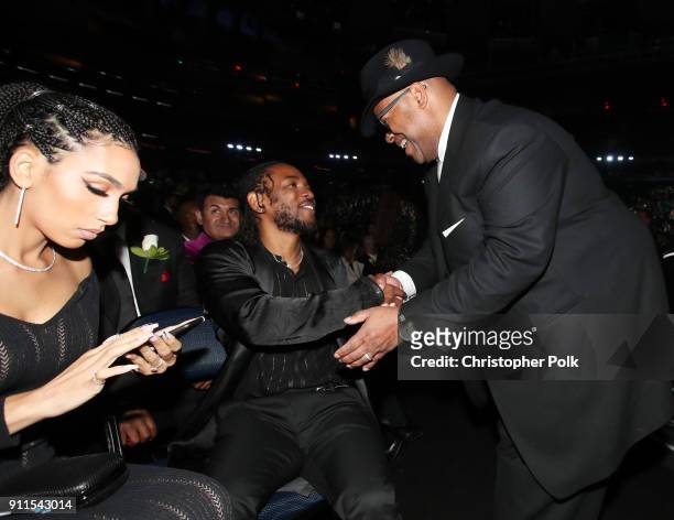 Whitney Alford, Kendrick Lamar and Jimmy Jam attend the 60th Annual GRAMMY Awards at Madison Square Garden on January 28, 2018 in New York City.