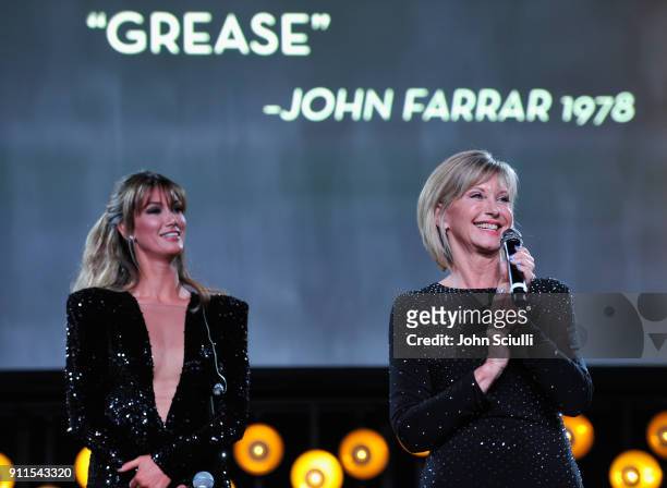 Delta Goodrem and Olivia Newton John speak onstage during the 2018 G'Day USA Black Tie Gala at InterContinental Los Angeles Downtown on January 27,...